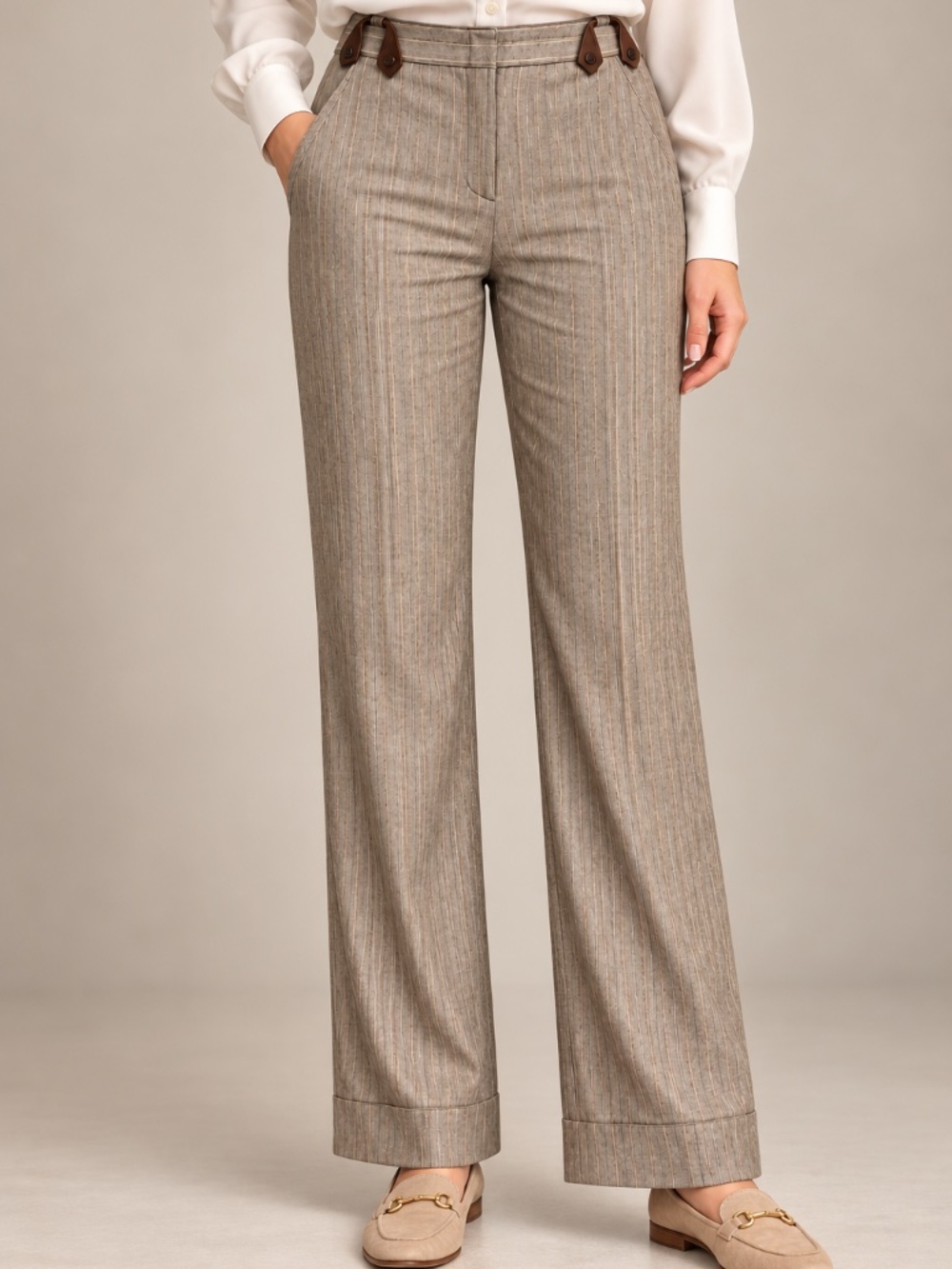 BCBGMAXAZRIA Pinstripe Wide Leg Pants w/ Button Tab Detail – Neutral Linen Blend